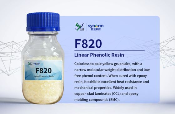F820 Resina fenólica linear (Novolac), granular incolor a amarelo claro, distribuição molecular estreita e níveis extremamente baixos de fenóis livres e impurezas iônicas